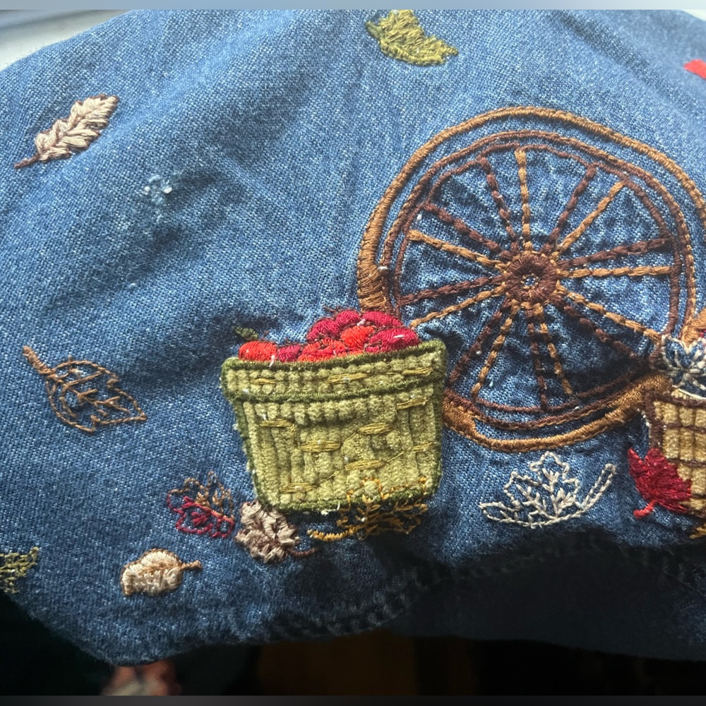 Vintage Bobbie Brooks Embroidered Denim Maxi Dress Jumper Autumn Leaves Apples - Picture 8 of 8